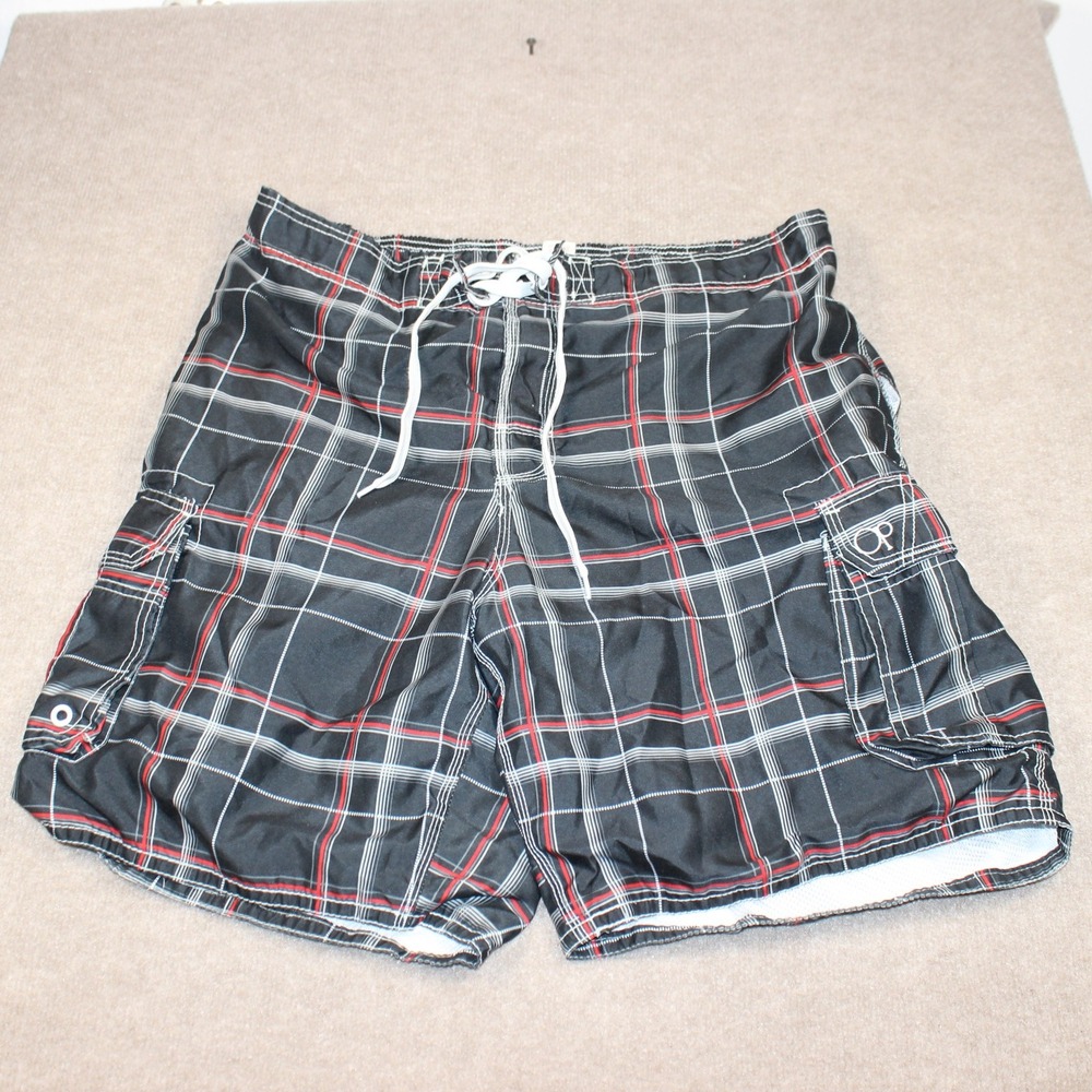 OP Ocean Pacific Mens Plaid Cargo Board Shorts Black Red XL 40-42 OM21203Y